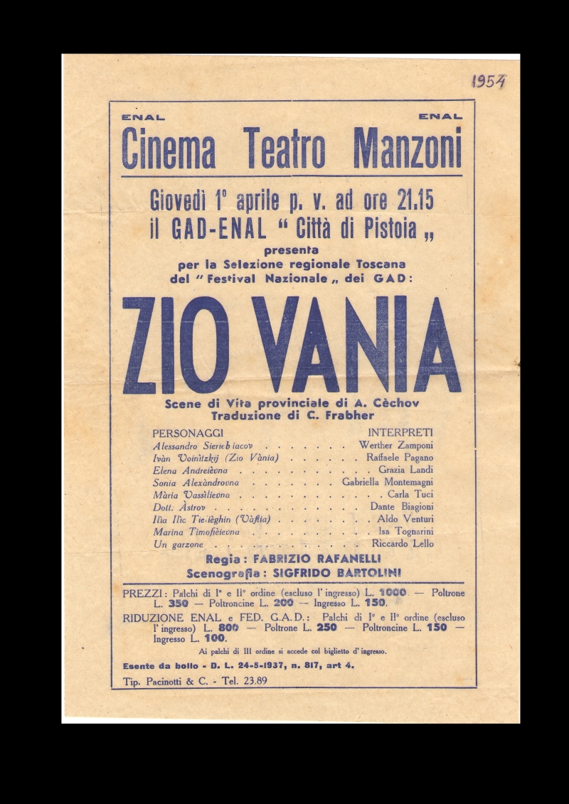  Locandina dello &quot;Zio Vanja&quot; di Anton Čechov 1954 con le scenografie di Sigfrido Bartolini                                                         Due Secoli -due Artisti un medesimo sentire