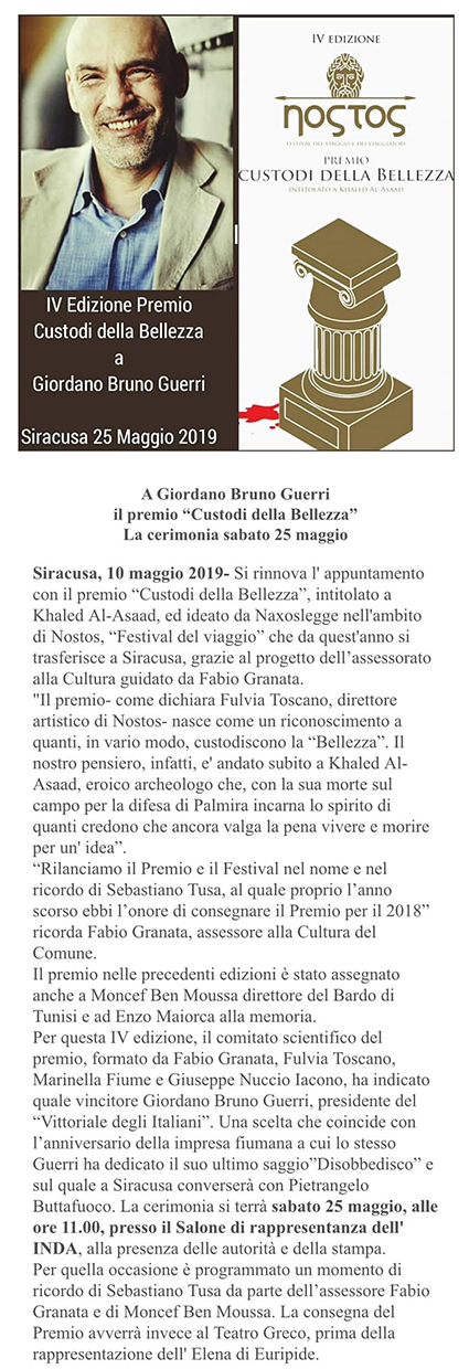 Premio "Custodi della Bellezza" 2019 a Giordano Bruno Guerri direttore del Vittoriale degli Italiani.